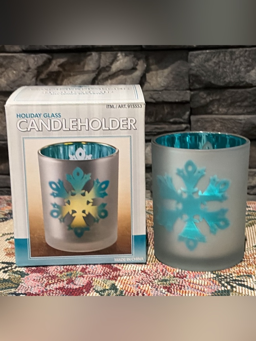 Decorative Frosted Glass Candle Holder with Turquoise Snowflake